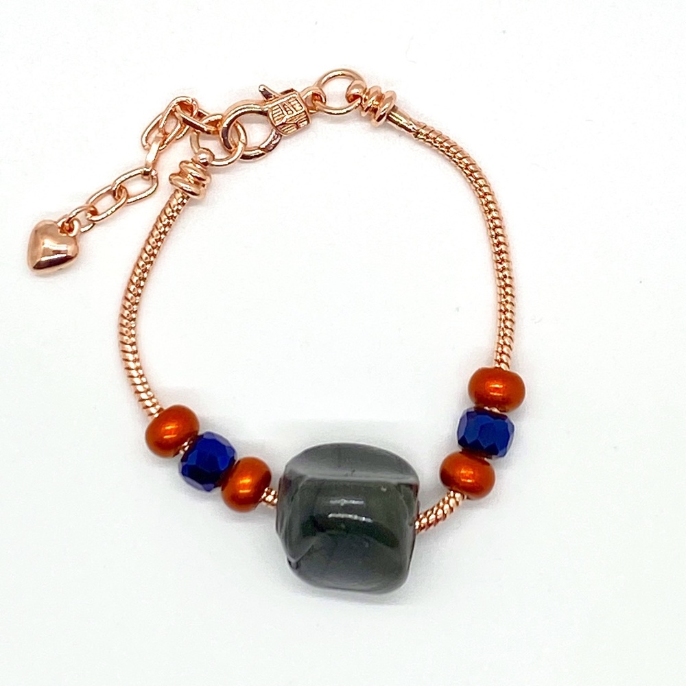 Stone & Beaded Rose Gold Colored Snake Chain Bracelet